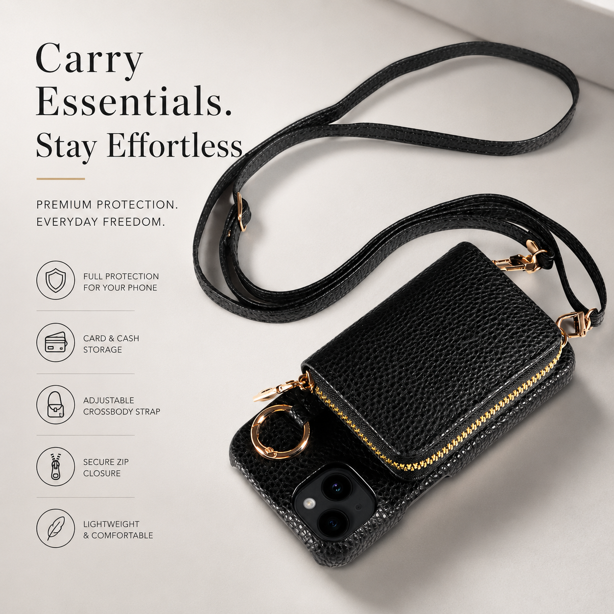 Premium iPhone Case Leather Wallet Crossbody Cover MagSafe Compatible Card Holder Zipper Pocket Magnetic Closure Shockproof Full Coverage Lanyard Strap