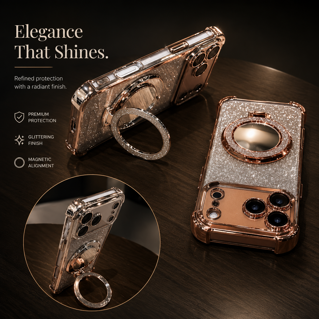 Premium iPhone Case Glitter Mirror Magnetic Bracket Cover Shockproof Silicone Non Slip Anti Scratch Full Coverage Stand Holder Protective Design