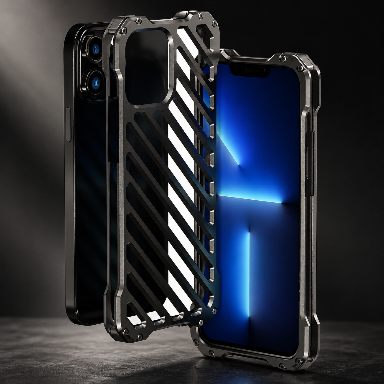 Premium iPhone Case Aluminum Armor Bumper Shockproof Transparent Hard Cover 3D Camera Lens Protection Rugged Metal Gear Anti Slip Full Coverage Design