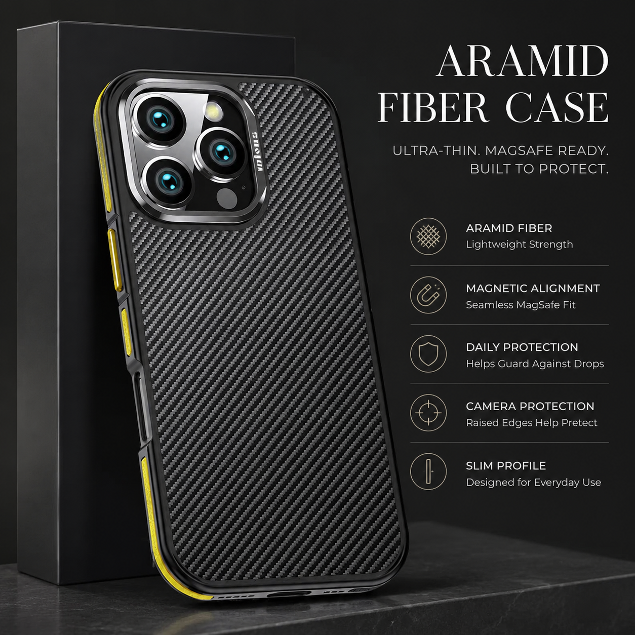 Premium iPhone Case MagSafe Compatible Magnetic Aramid Fiber Protective Cover 600D Carbon Texture Ultra Thin Lightweight Shockproof Camera Protection