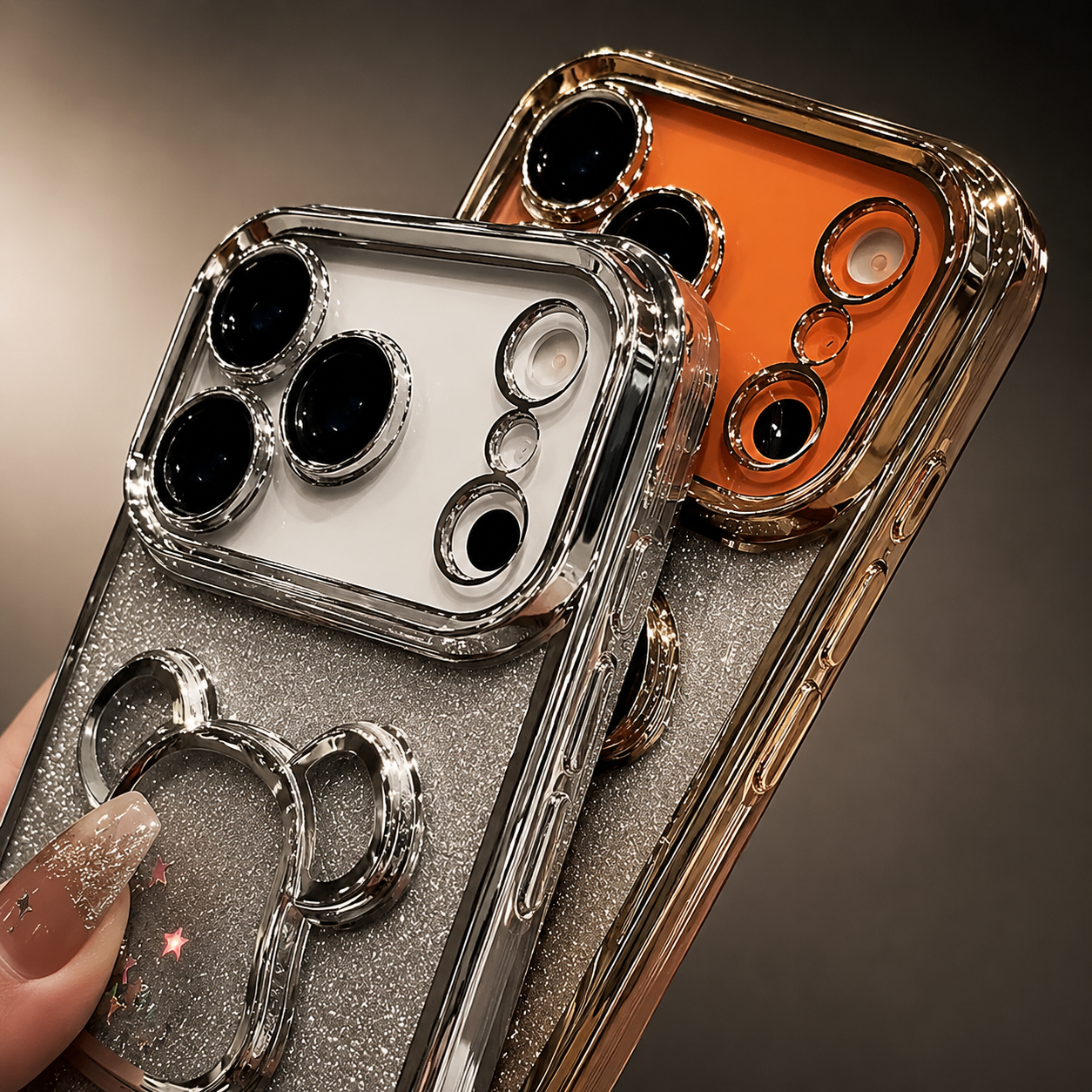 Premium iPhone Case Glitter Quicksand Bear Cover Shockproof Acrylic Plated Camera Protection Dustproof Full Coverage Anti Scratch Protective Design
