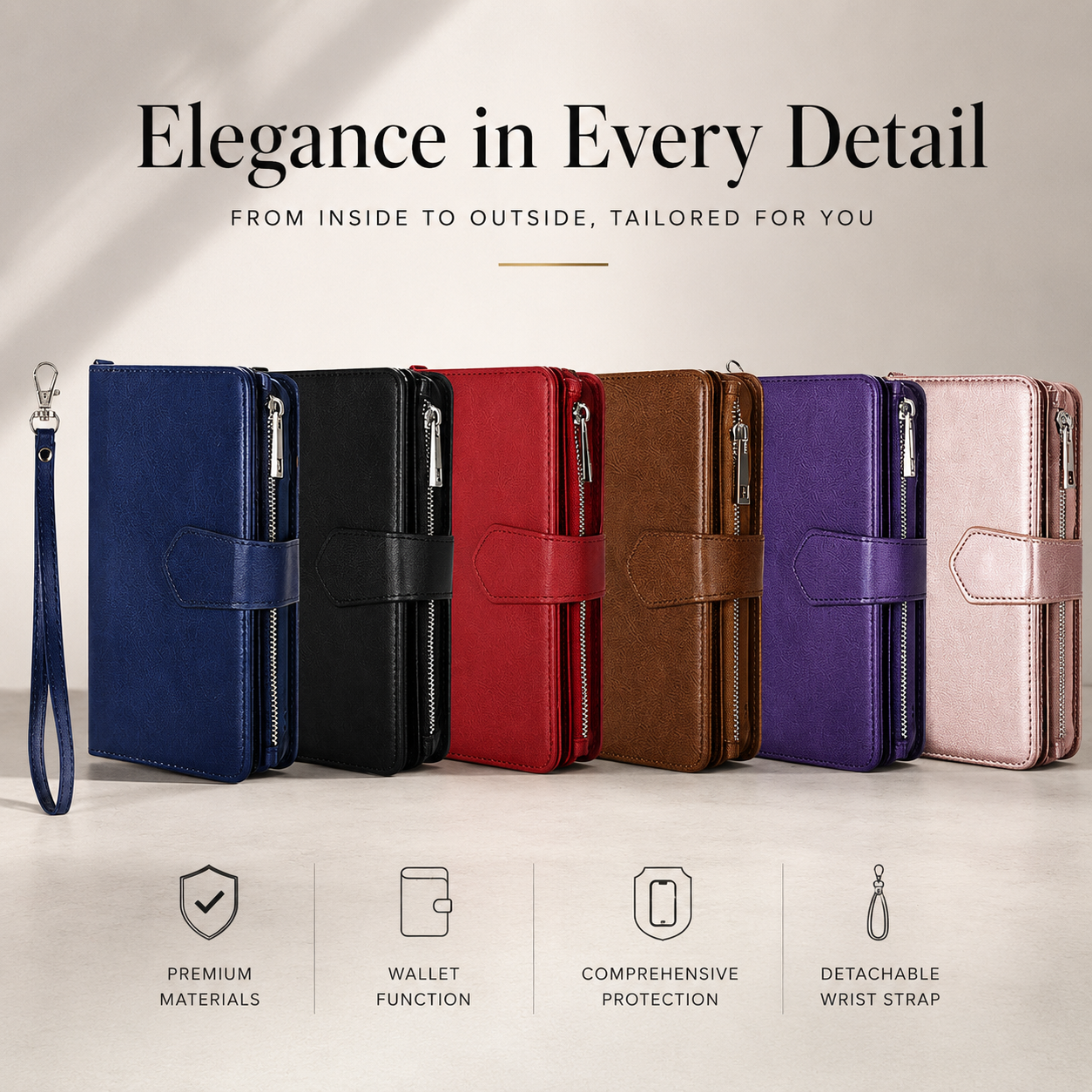 Premium iPhone Case Magnetic Detachable Wallet PU Leather Flip Cover Card Holder Kickstand Shockproof Full Coverage Protective Design