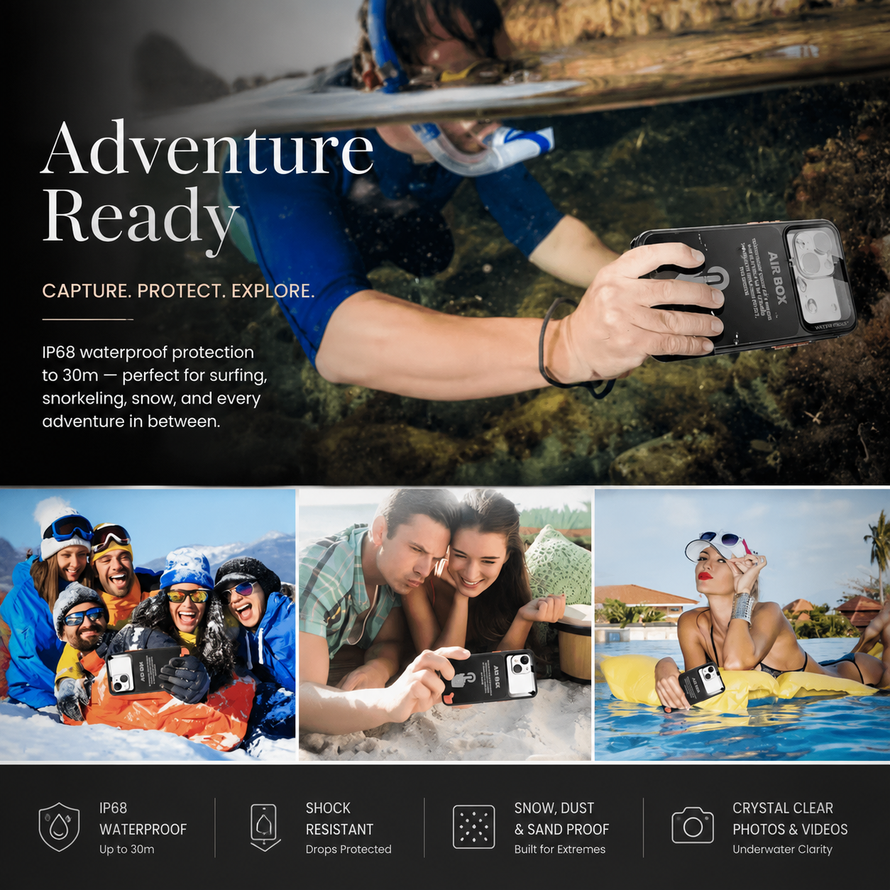 Premium iPhone Case Waterproof IP68 Full Body Sealed Cover Shockproof Dustproof Protective Camera Lens Protection Underwater Outdoor Full Coverage