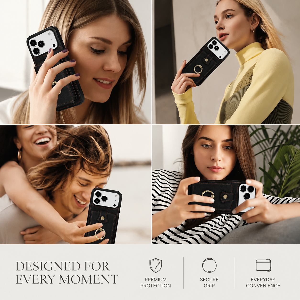 Premium iPhone Case Wallet Cover Card Holder RFID Blocking Ring Kickstand PU Leather Shockproof Protective Cover Anti Scratch Slim Full Protection