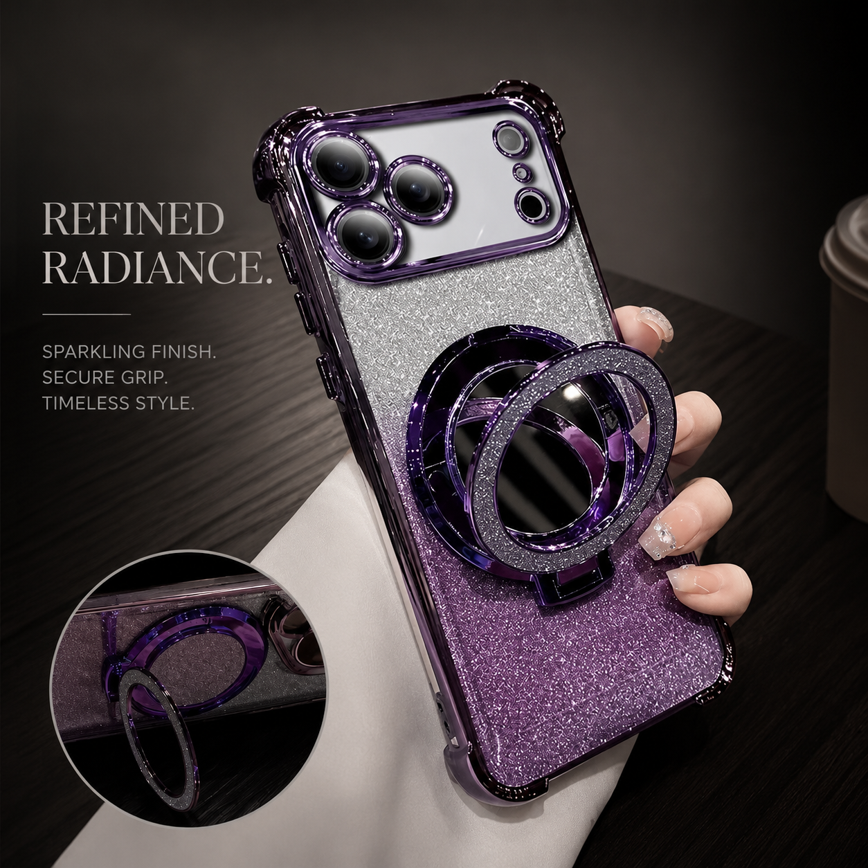 Premium iPhone Case Glitter Mirror Magnetic Bracket Cover Shockproof Silicone Non Slip Anti Scratch Full Coverage Stand Holder Protective Design