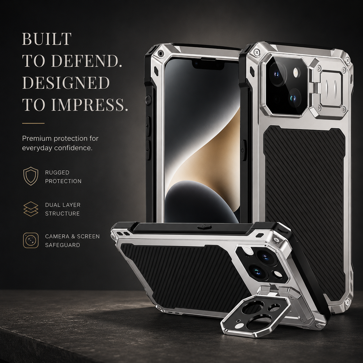 Premium iPhone Case Heavy Duty Metal MagSafe Cover Camera Guard Kickstand 9H Screen Protector Shockproof Aluminum Bumper Full Coverage Protective Design