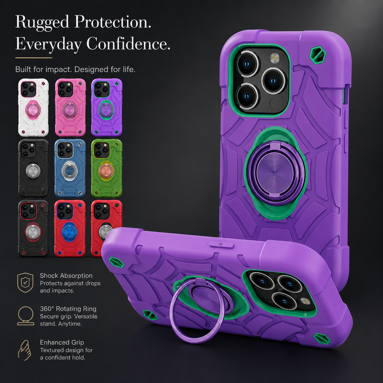 Premium iPhone Case Rugged Armor Cover Dual Layer Shockproof PC TPU Ring Holder Kickstand Anti Slip Grip Full Protection Design