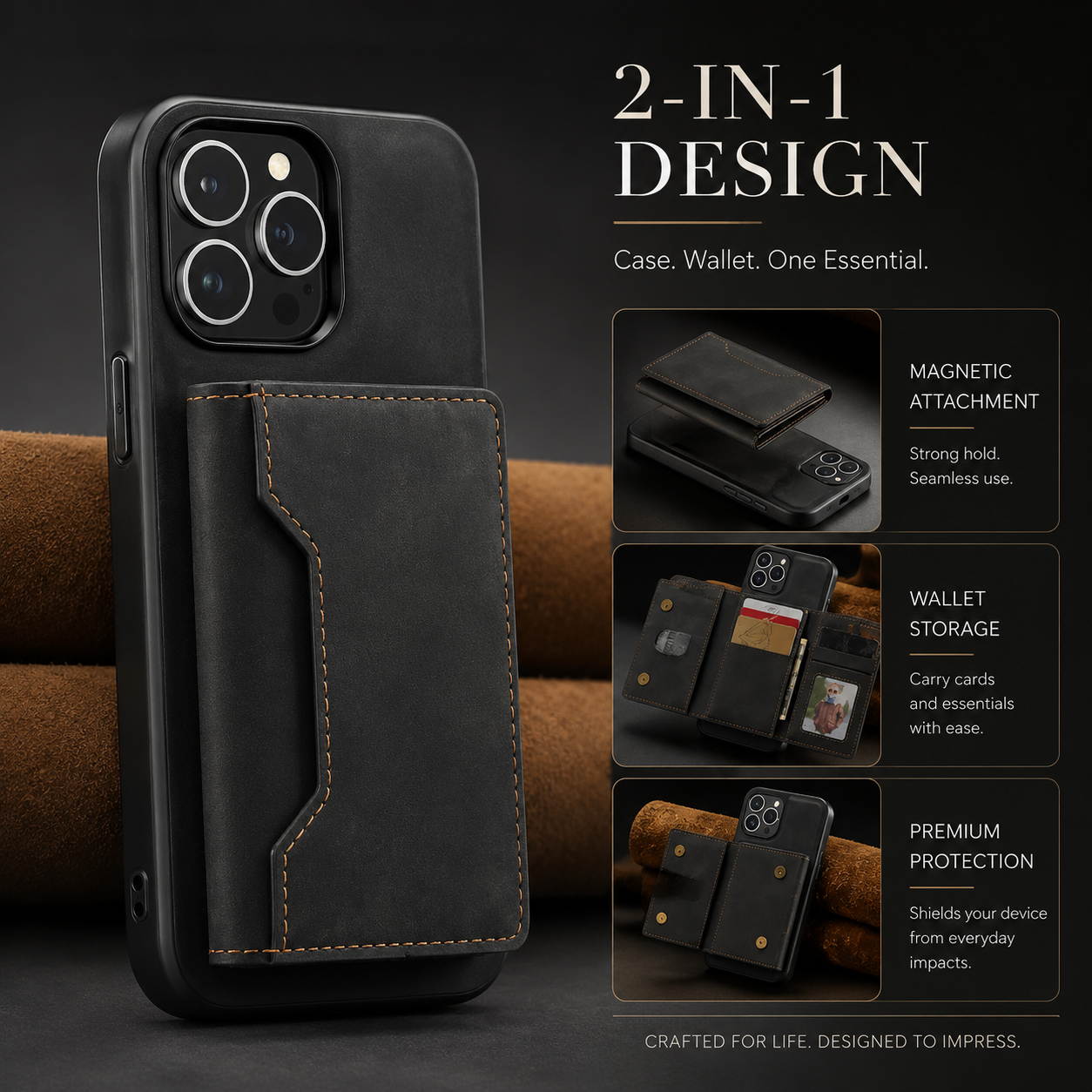 Premium iPhone Case Magnetic Leather Wallet Cover Card Holder Kickstand Money Slot Shockproof Protective Cover Anti Scratch Slim Half Wrapped