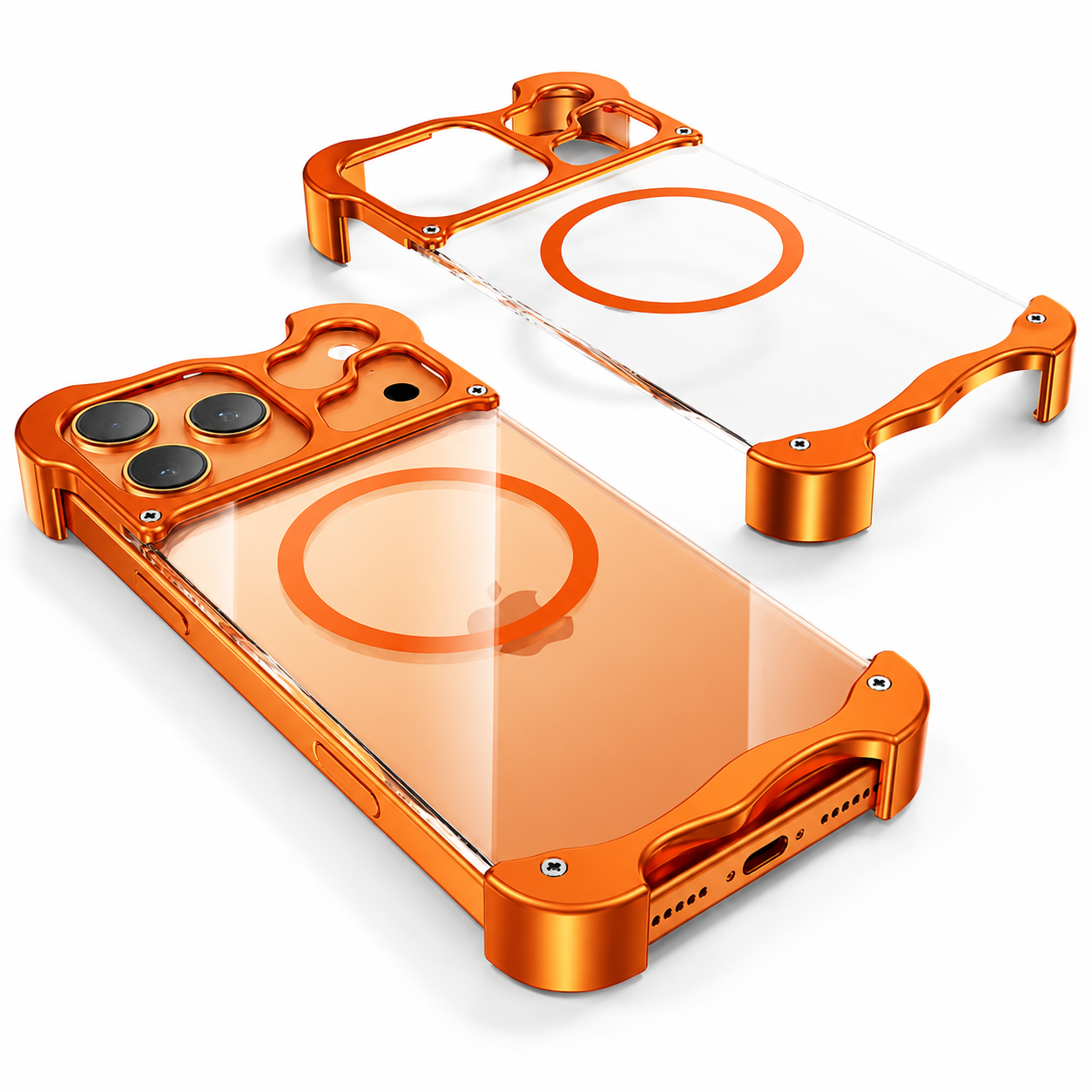 Premium iPhone Case MagSafe Compatible Magnetic Bumper Aluminum Corner Protection Transparent Back Shockproof Camera Lens Guard Slim Frameless Protective Cover
