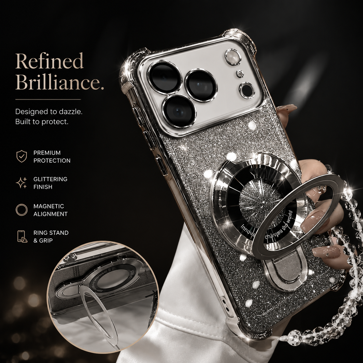 Premium iPhone Case Glitter Magnetic Bracelet Cover MagSafe Kickstand Shockproof Dual Layer Anti Fingerprint Non Slip Full Coverage Protective Design