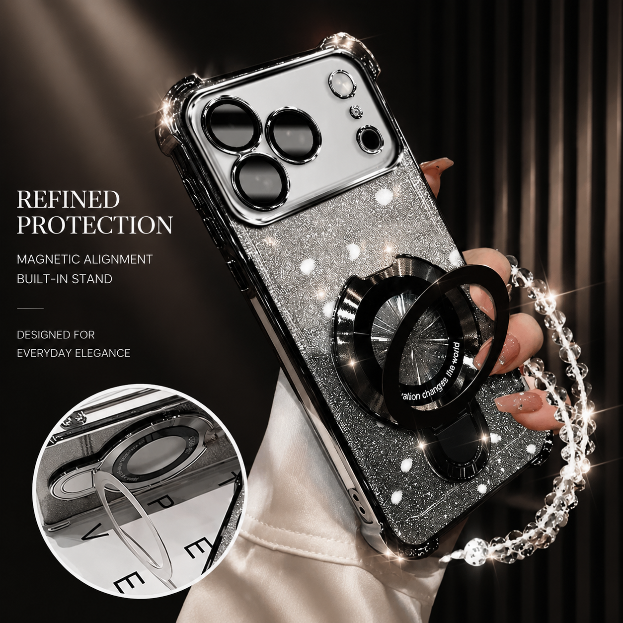 Premium iPhone Case Glitter Magnetic Bracelet Cover MagSafe Kickstand Shockproof Dual Layer Anti Fingerprint Non Slip Full Coverage Protective Design