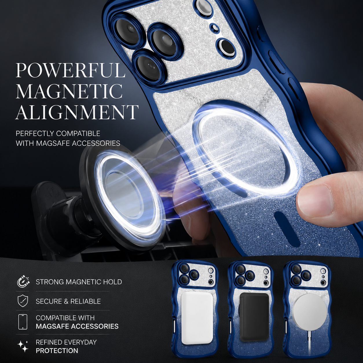 Premium iPhone Case Clear MagSafe Compatible Cover Full Camera Protection Wave Frame DIY Glitter Anti Fingerprint Lightweight Non Slip Full Coverage Protective Design