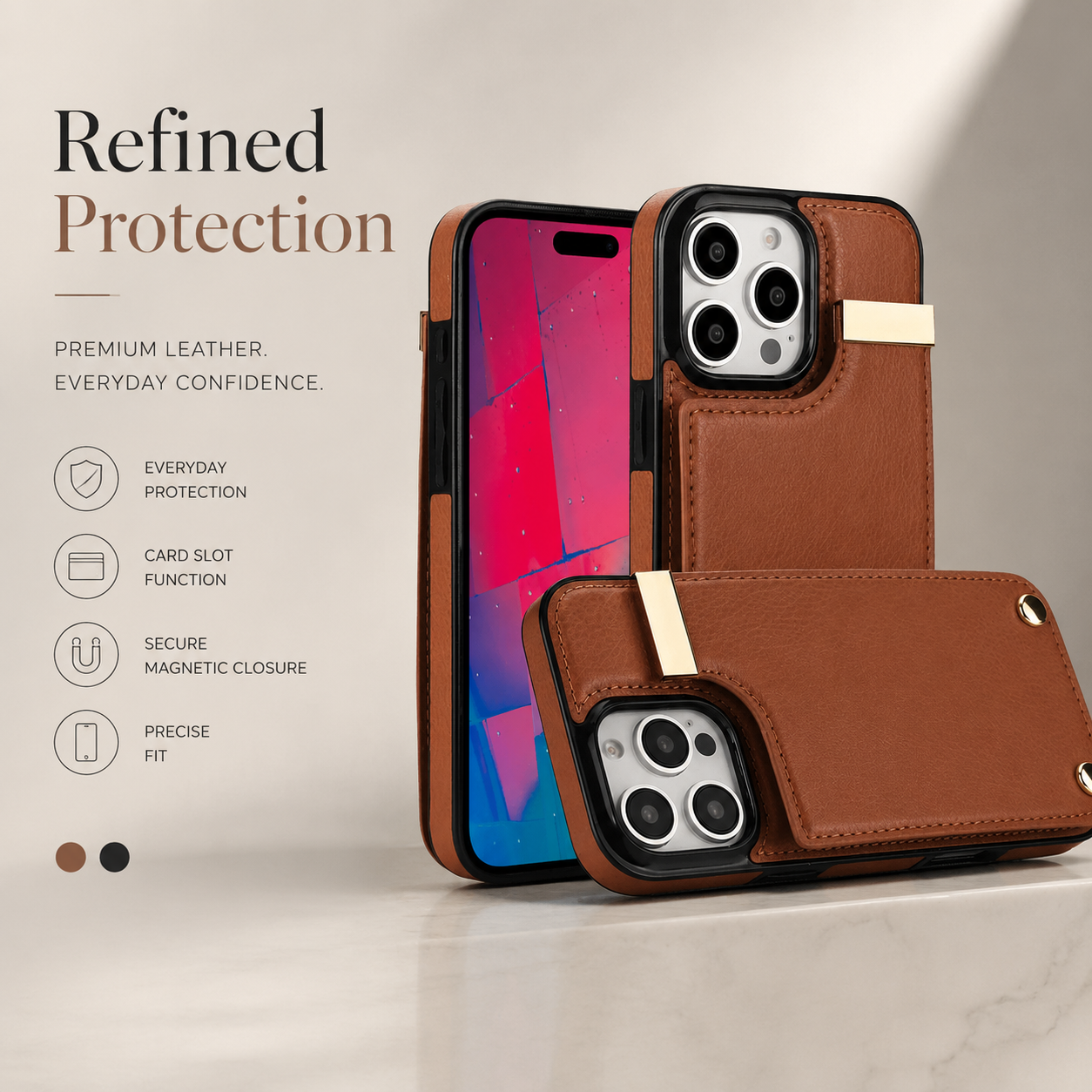 Premium iPhone Case Leather Wallet Flip Cover MagSafe Compatible Card Holder Magnetic Closure Shockproof Camera Protection Slim Full Coverage