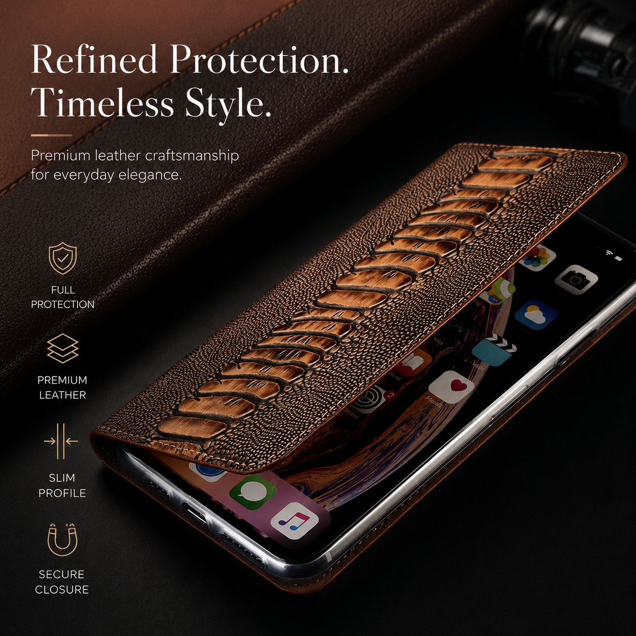Premium iPhone Case Genuine Leather Flip Wallet Cover MagSafe Compatible Card Holder Magnetic Closure Shockproof Camera Protection Stand Full Coverage