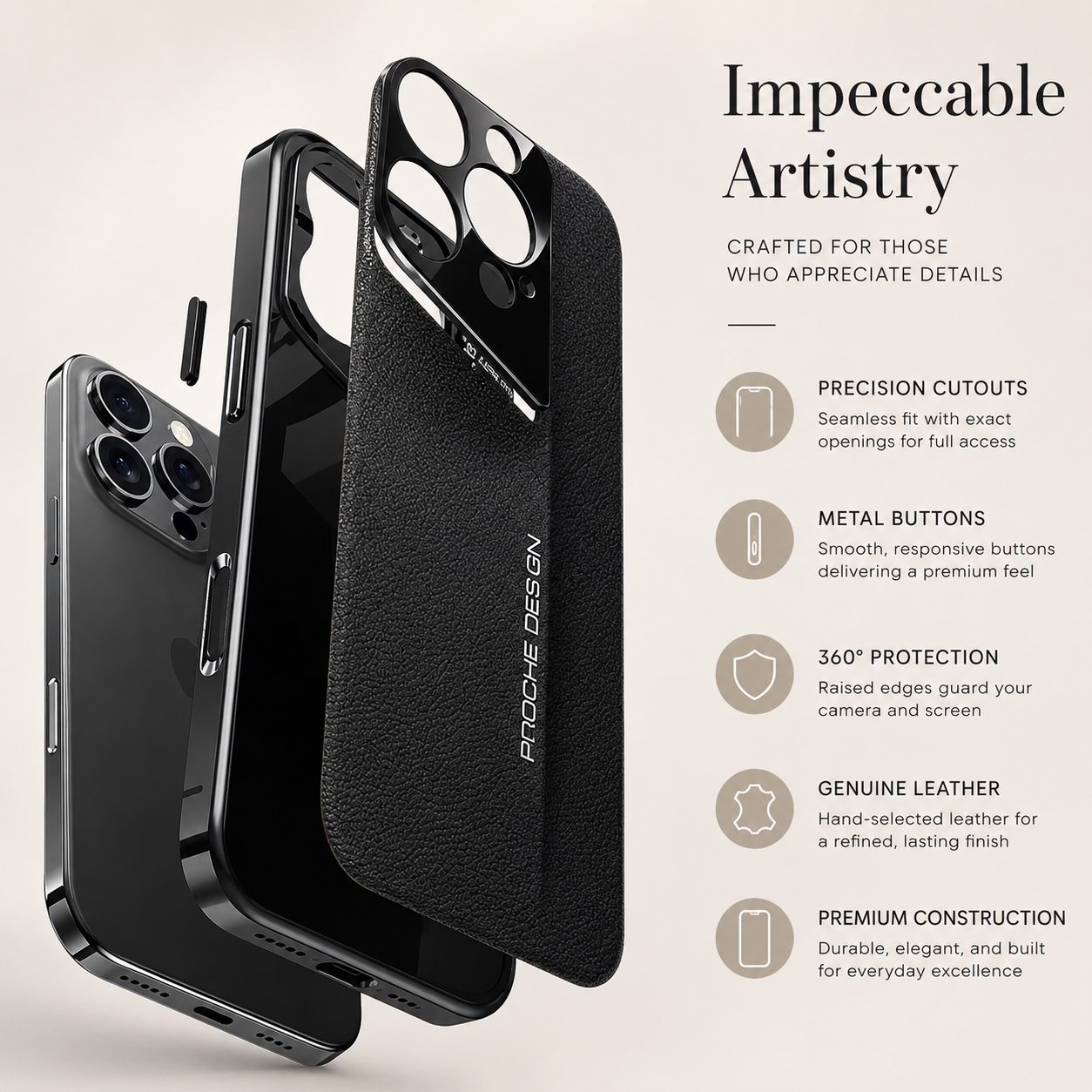 Premium iPhone Case Genuine Leather Shockproof Protective Cover Electroplated Hard Back Camera Lens Protection Anti Slip Grip Slim Full Coverage