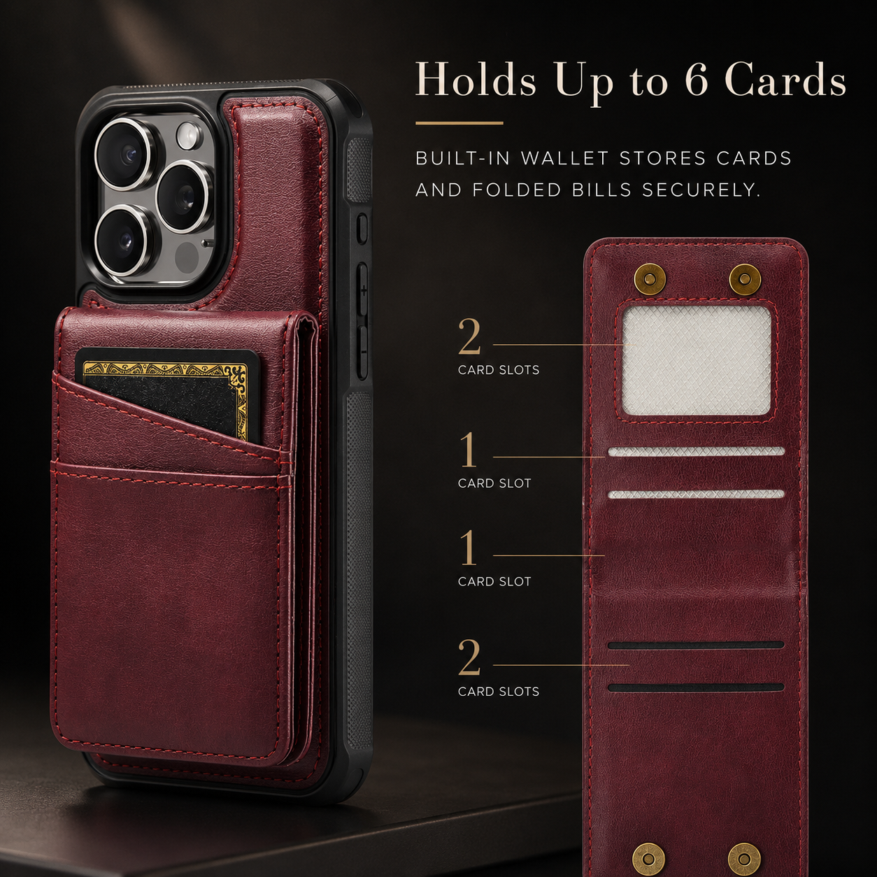Premium iPhone Case Magnetic Detachable Wallet Flip Cover PU Leather Card Holder Cash Pocket Wrist Strap Shockproof Full Coverage Protective Design