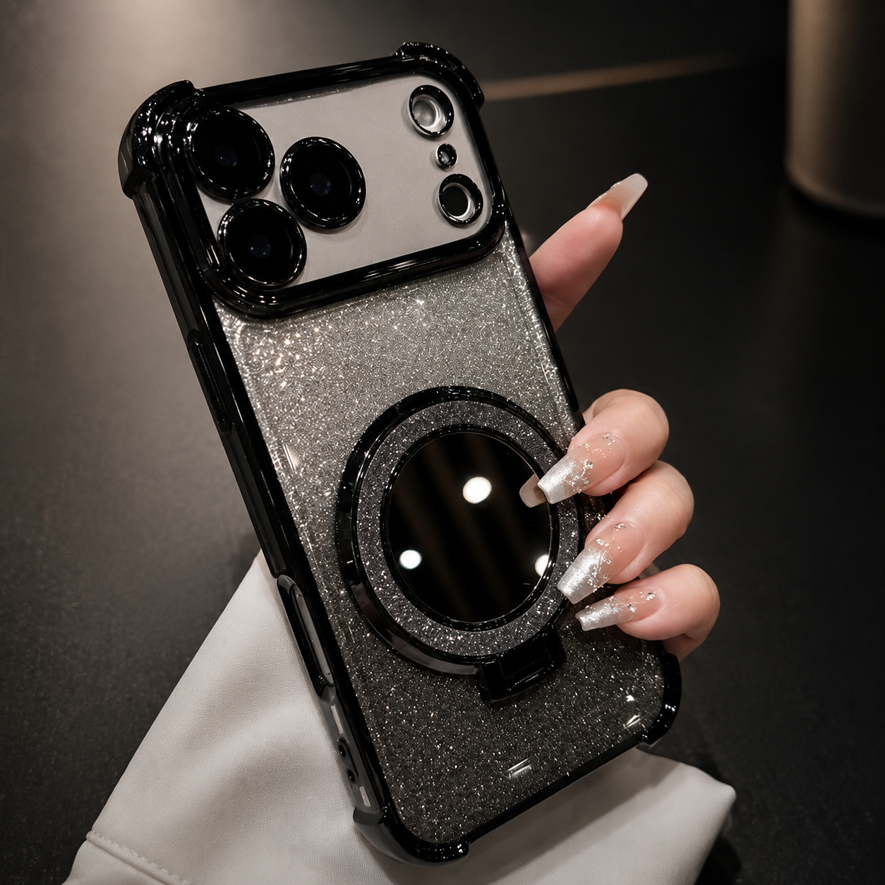 Premium iPhone Case Glitter Mirror Magnetic Bracket Cover Shockproof Silicone Non Slip Anti Scratch Full Coverage Stand Holder Protective Design