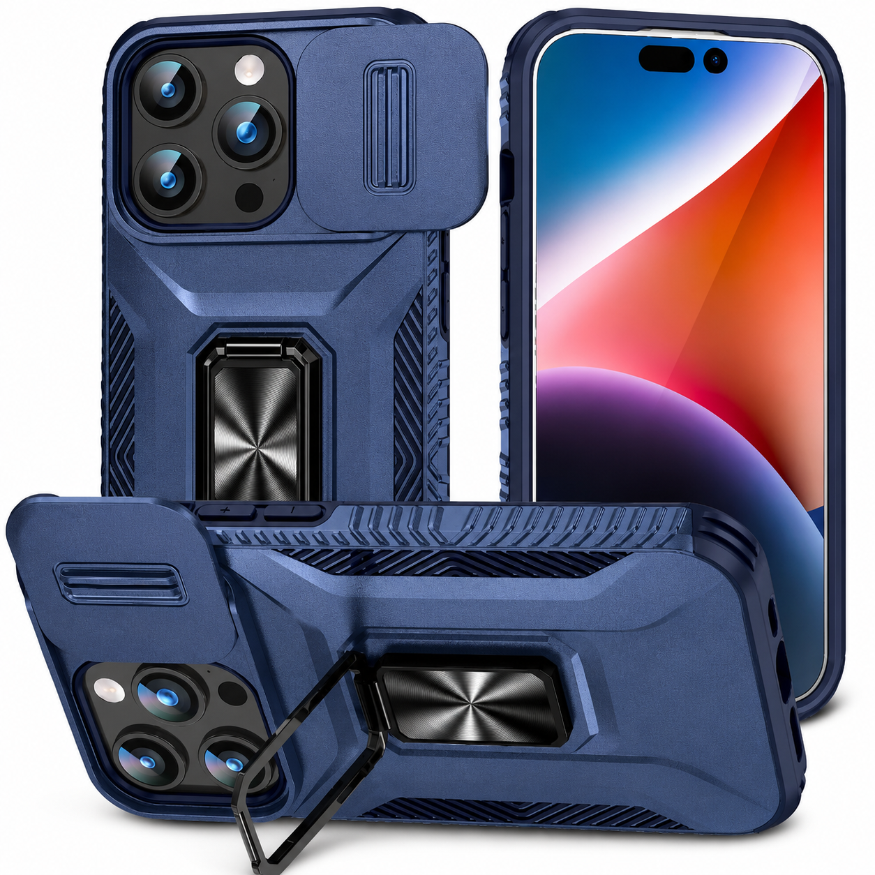 Premium iPhone Case Shockproof Protective Cover Full Coverage Sliding Camera Lens Guard Rotary Stand Anti Slip Grip Durable Matte Design Hard Back