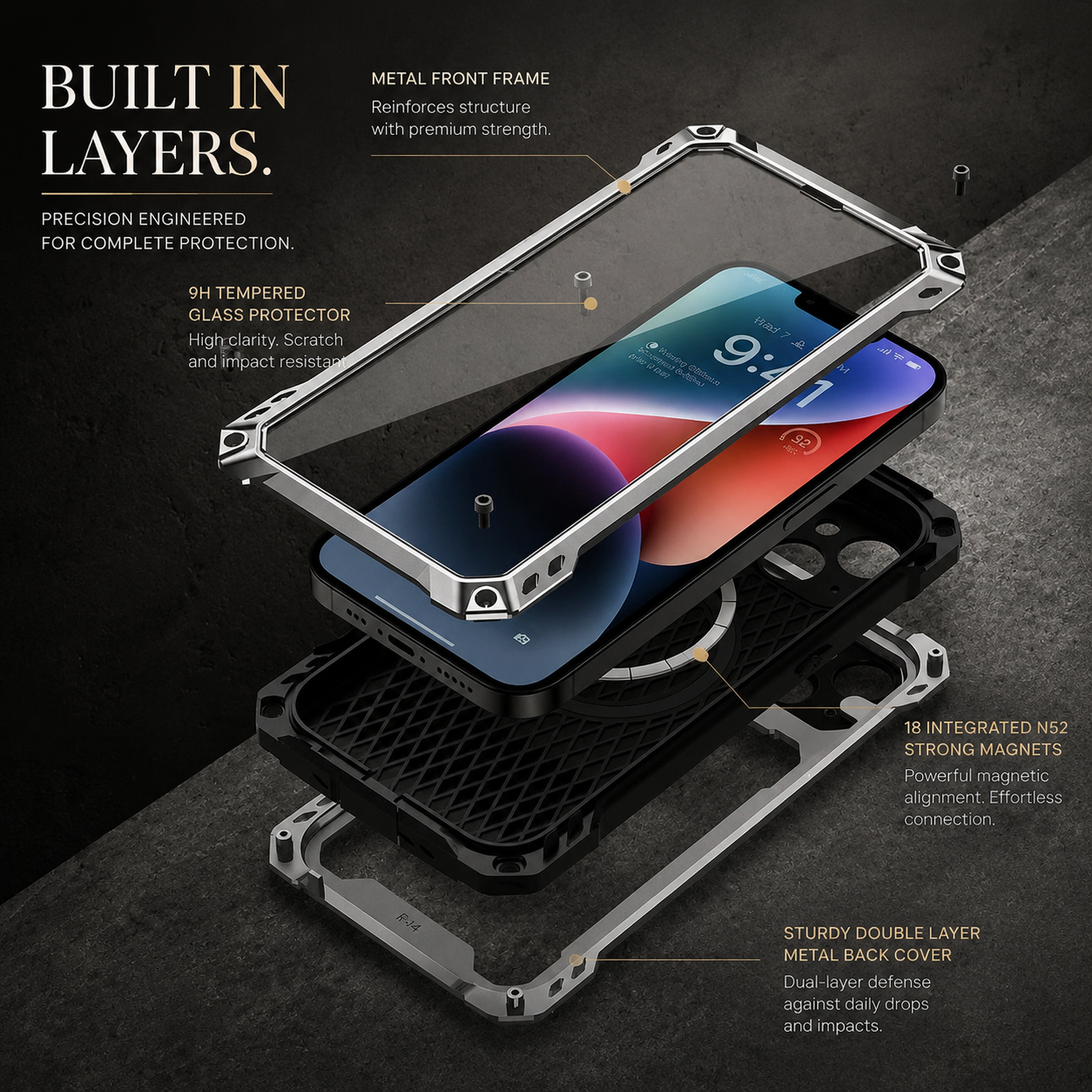 Premium iPhone Case Heavy Duty Metal MagSafe Cover Camera Guard Kickstand 9H Screen Protector Shockproof Aluminum Bumper Full Coverage Protective Design