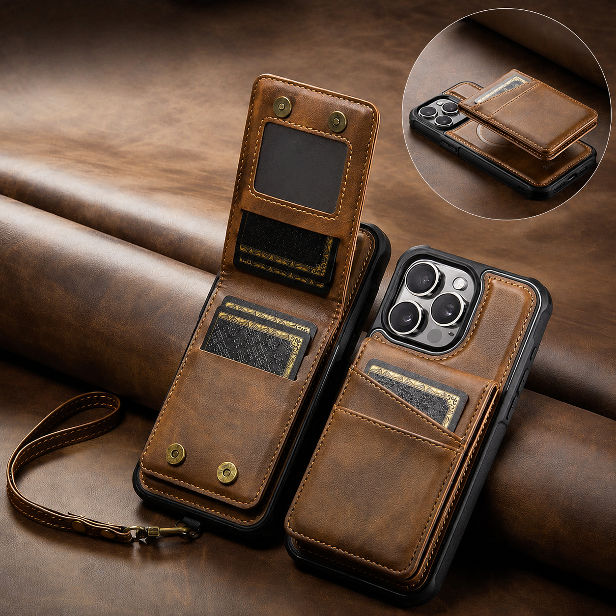 Premium iPhone Case Magnetic Detachable Wallet Flip Cover PU Leather Card Holder Cash Pocket Wrist Strap Shockproof Full Coverage Protective Design