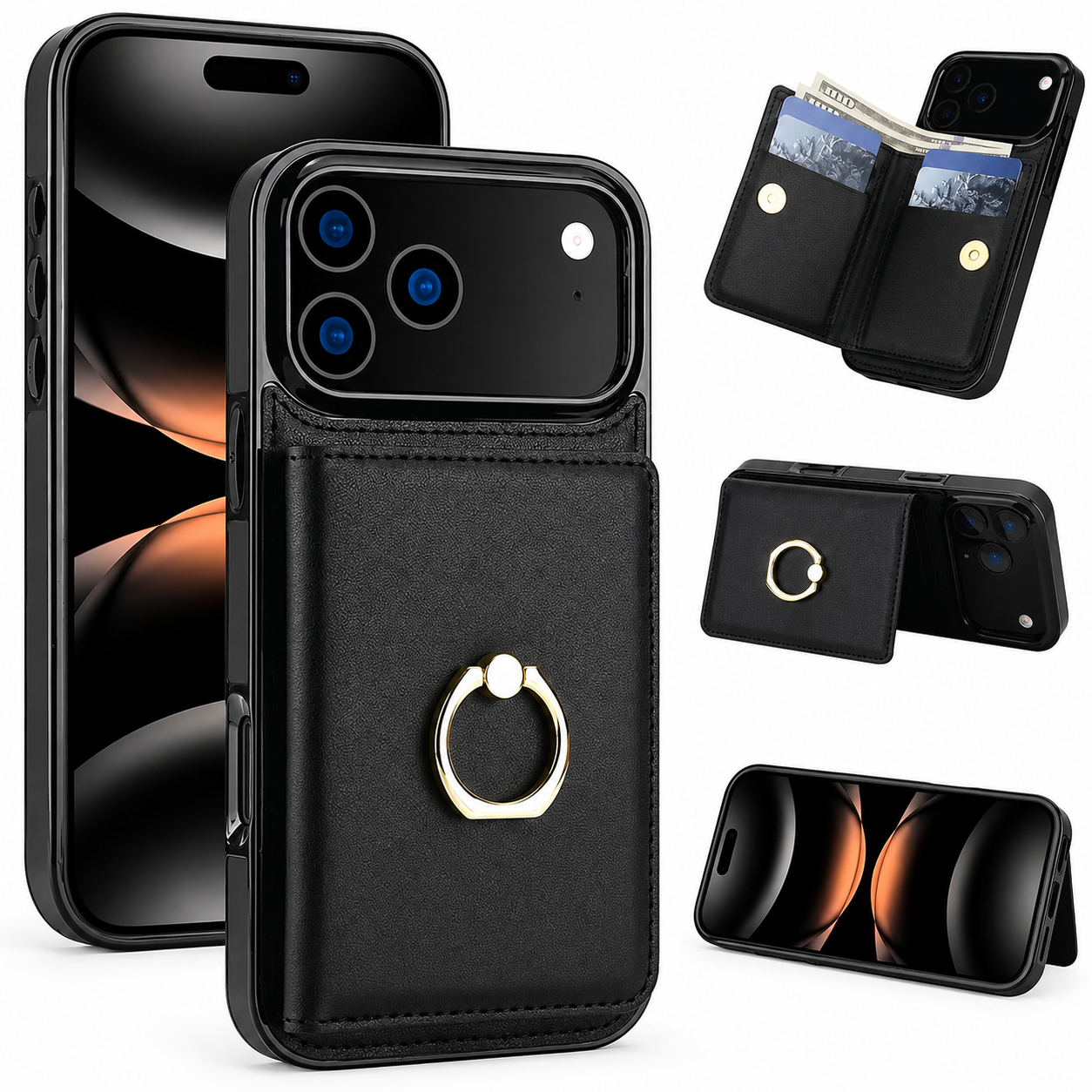 Premium iPhone Case Wallet Flip Cover Card Holder Magnetic Clasp Ring Kickstand PU Leather Shockproof Protective Cover Anti Scratch Full Protection Slim