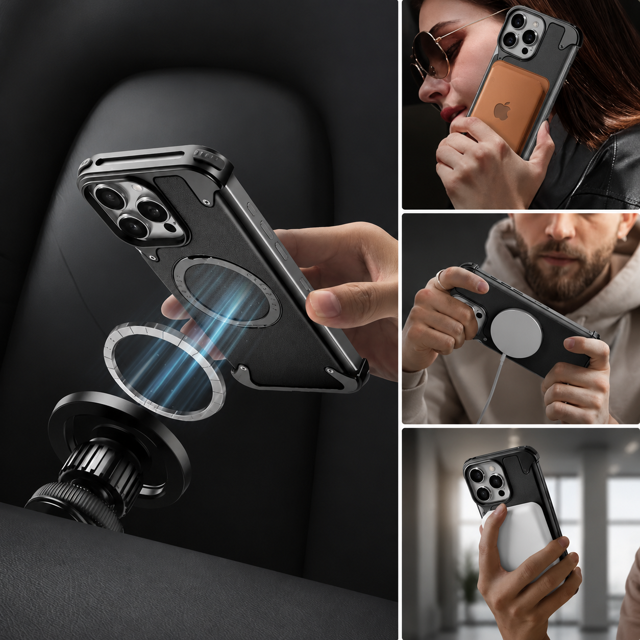 Premium iPhone Case Genuine Leather Magnetic Cover MagSafe Compatible Frameless Rotating Stand Ring Shockproof Anti Drop Protection Slim Profile