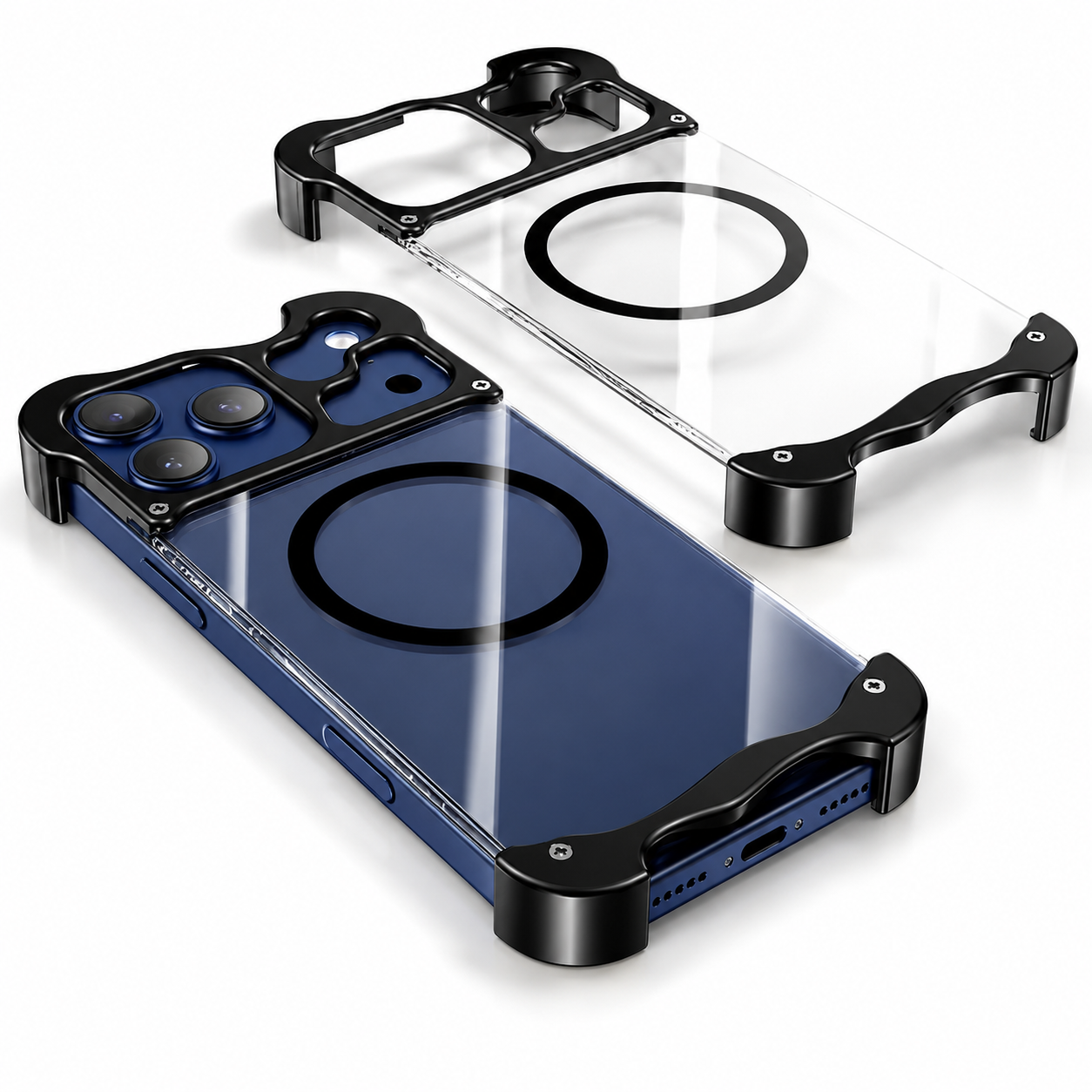 Premium iPhone Case MagSafe Compatible Magnetic Bumper Aluminum Corner Protection Transparent Back Shockproof Camera Lens Guard Slim Frameless Protective Cover