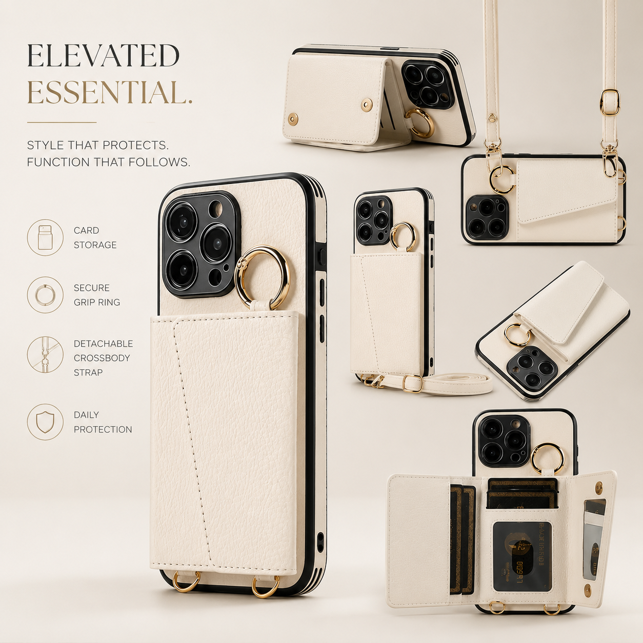 Premium iPhone Case MagSafe Compatible Magnetic Crossbody Wallet Cover PU Leather Card Holder Finger Ring Stand Strap Shockproof Full Coverage Design