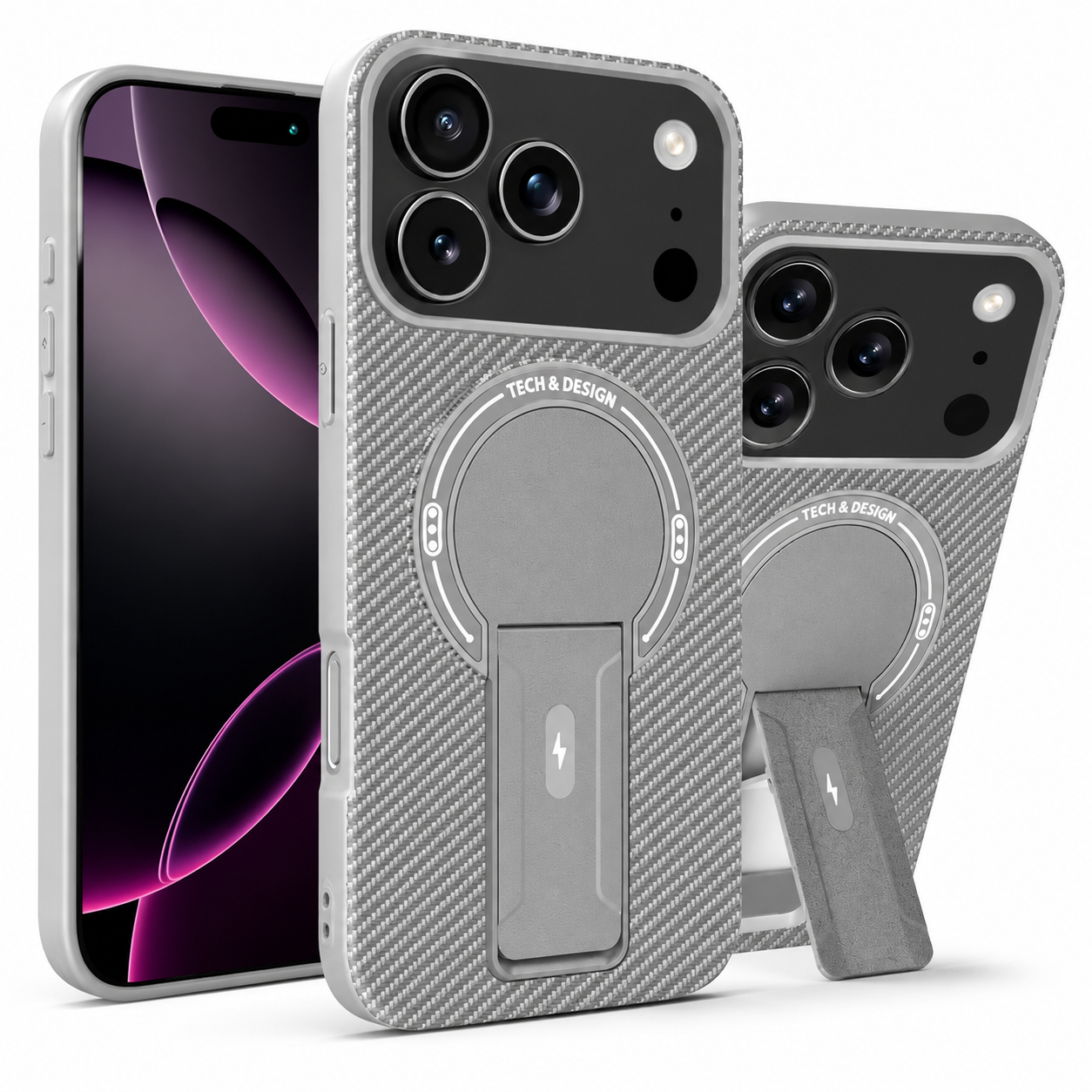 Premium iPhone Case MagSafe Compatible Carbon Fiber Pattern Fold Stand Shockproof Dual Layer Military Grade Protective Cover Full Coverage Armor Design