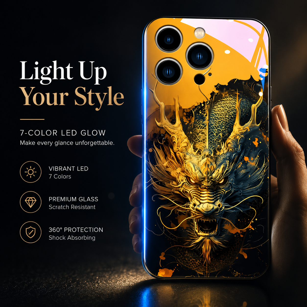 Premium iPhone Case LED Luminous Protective Cover Sound Reactive Tempered Glass Shockproof Camera Lens Protection Slim Full Coverage