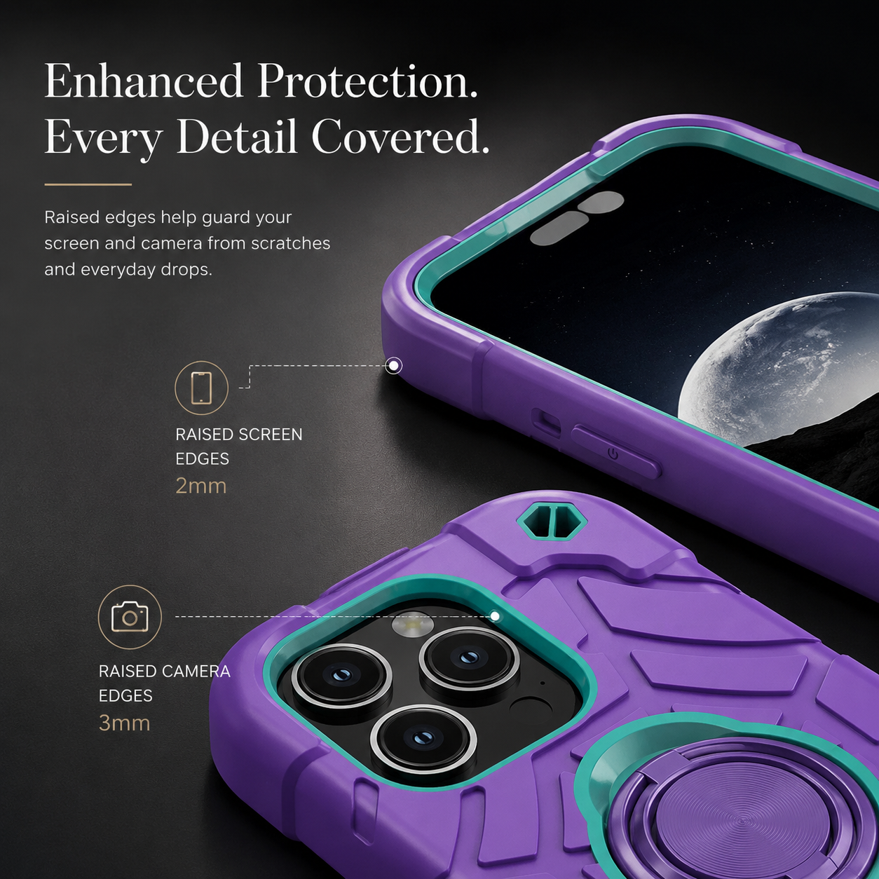 Premium iPhone Case Rugged Armor Cover Dual Layer Shockproof PC TPU Ring Holder Kickstand Anti Slip Grip Full Protection Design