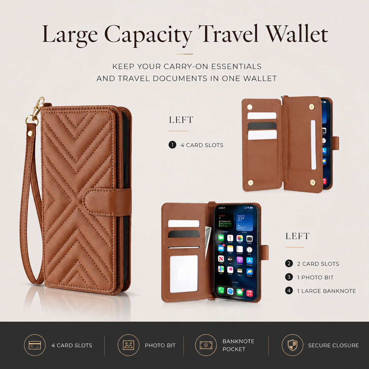 Premium iPhone Case Crossbody Wallet PU Leather Cover Card Holder Shoulder Strap Magnetic Closure Shockproof Full Coverage Slim Design