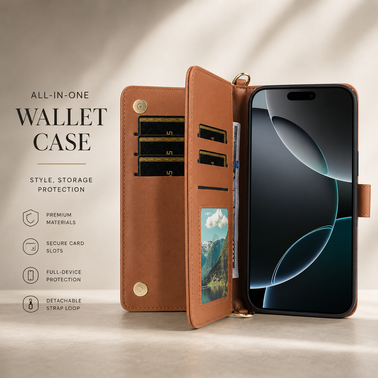Premium iPhone Case Crossbody Wallet PU Leather Cover Card Holder Shoulder Strap Magnetic Closure Shockproof Full Coverage Slim Design