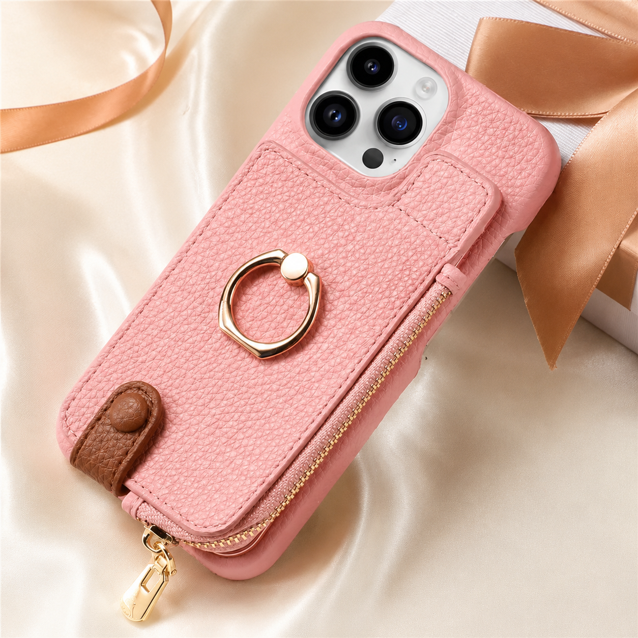Premium iPhone Case Leather Zipper Wallet Cover MagSafe Compatible Card Holder Ring Kickstand Magnetic Closure Shockproof Camera Protection Full Coverage