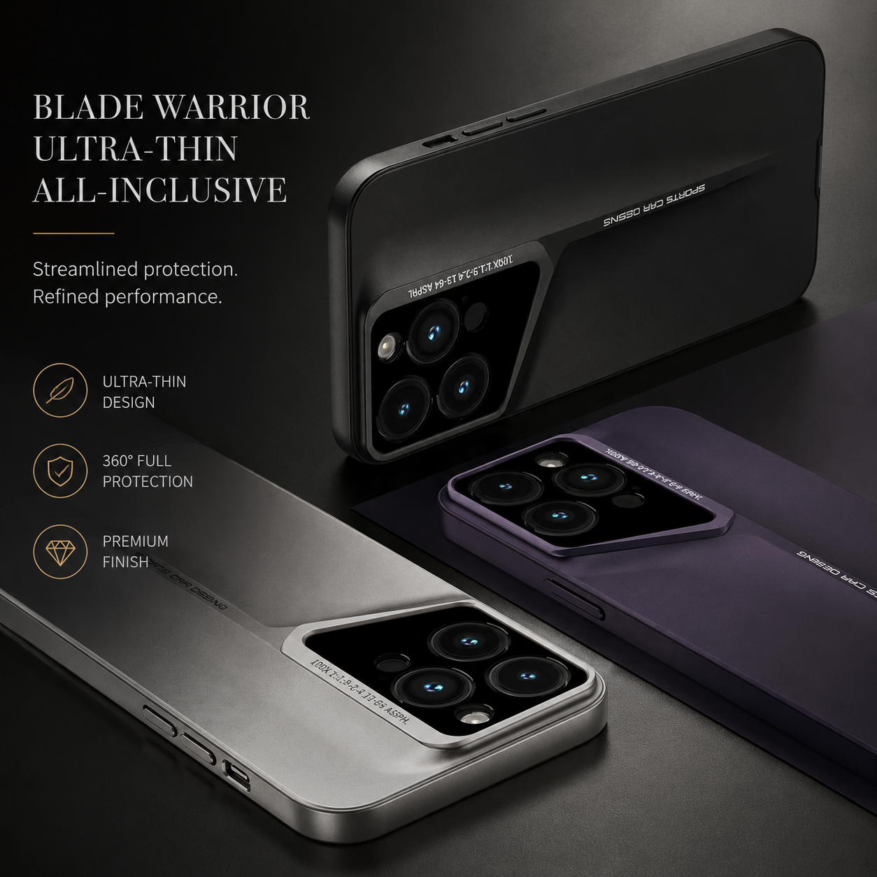 Premium iPhone Case Ultra Thin Titanium Finish Blade Style Shockproof Lens Protection Lightweight Half Wrapped Protective Cover Full Coverage Design