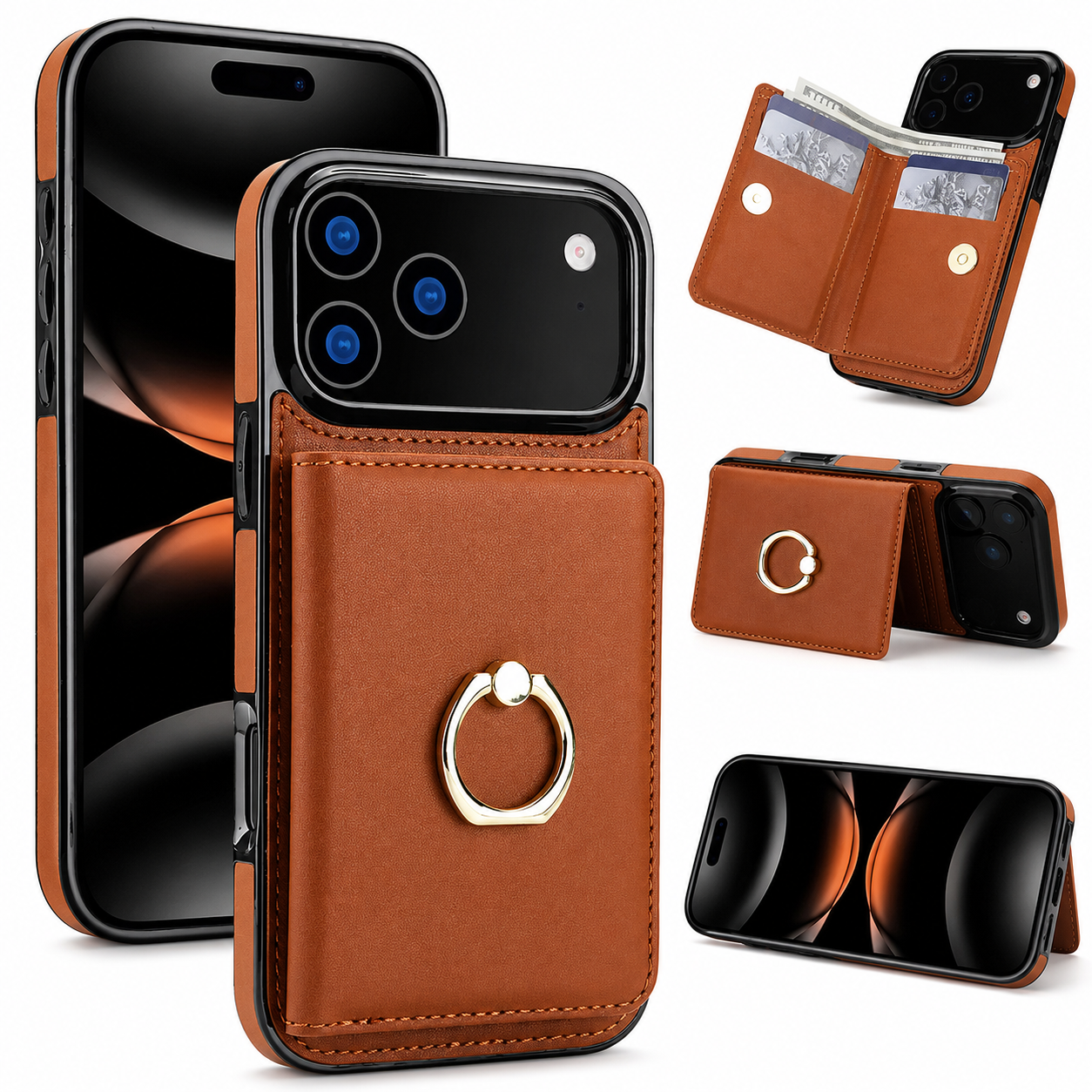 Premium iPhone Case Wallet Flip Cover Card Holder Magnetic Clasp Ring Kickstand PU Leather Shockproof Protective Cover Anti Scratch Full Protection Slim