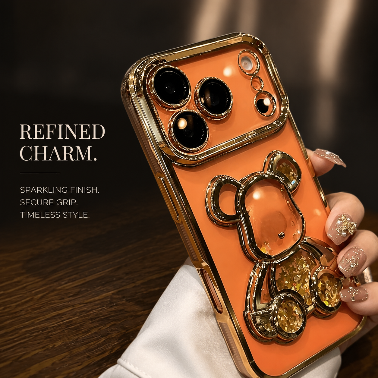 Premium iPhone Case Glitter Quicksand Bear Cover Shockproof Acrylic Plated Camera Protection Dustproof Full Coverage Anti Scratch Protective Design