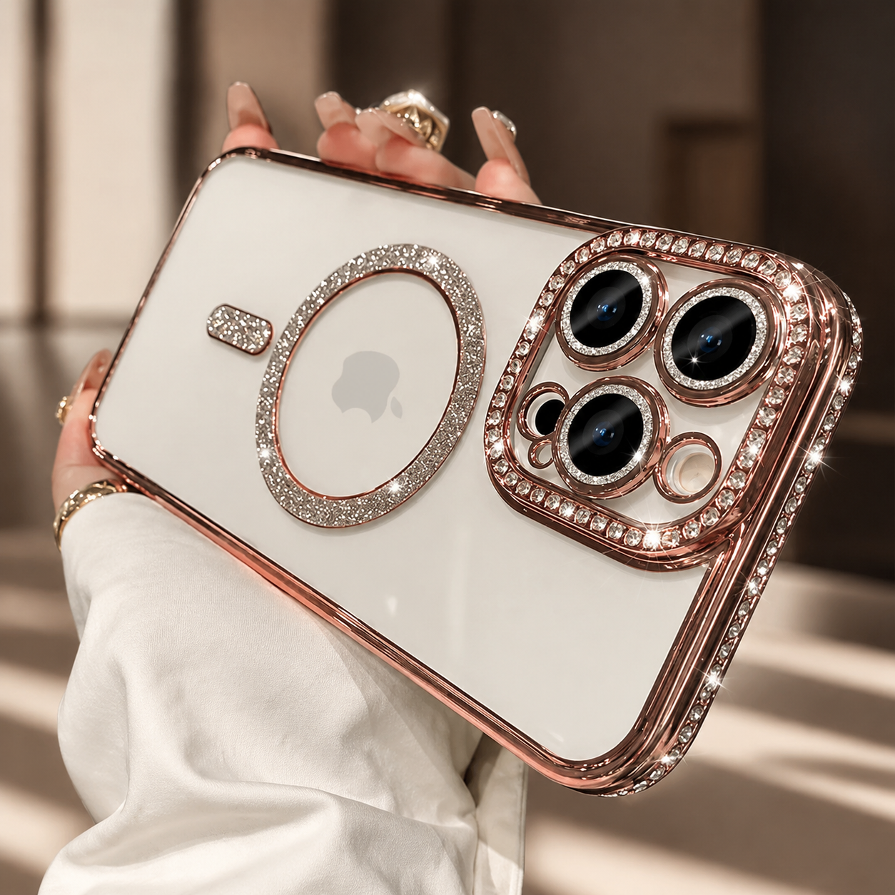Premium iPhone Case MagSafe Compatible Transparent Glitter Diamond Design Shockproof Bumper Protective Cover Camera Lens Guard Ultra Thin Slim Design