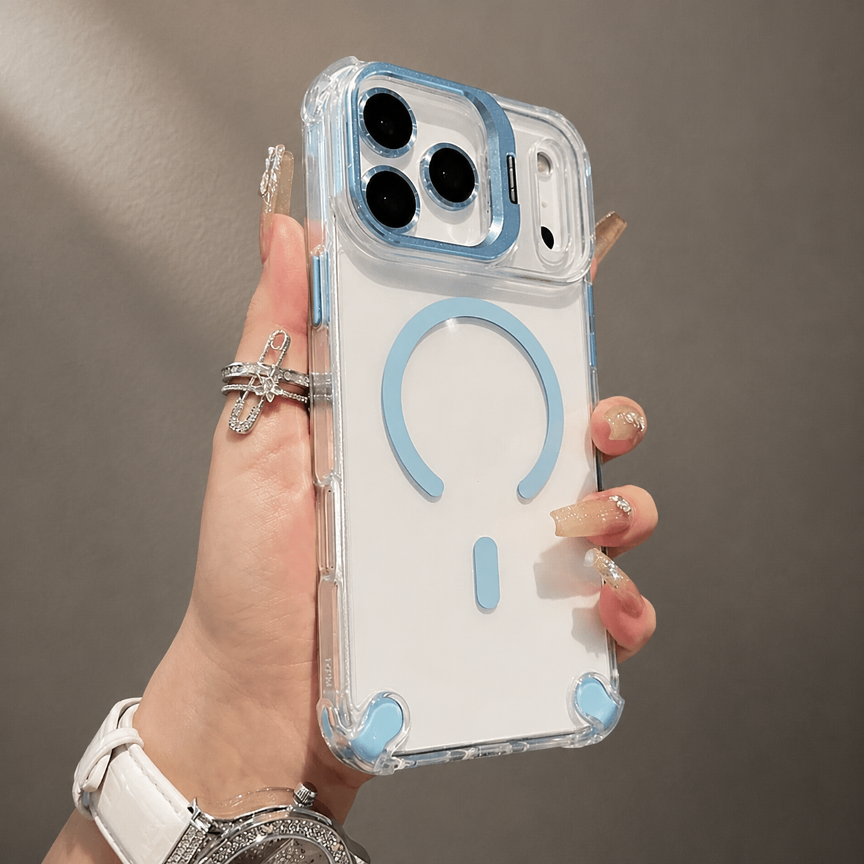 Premium iPhone Case Transparent Magnetic Shockproof Cover Glass Lens Protector Stand Holder MagSafe Compatible Non Slip Full Coverage Design