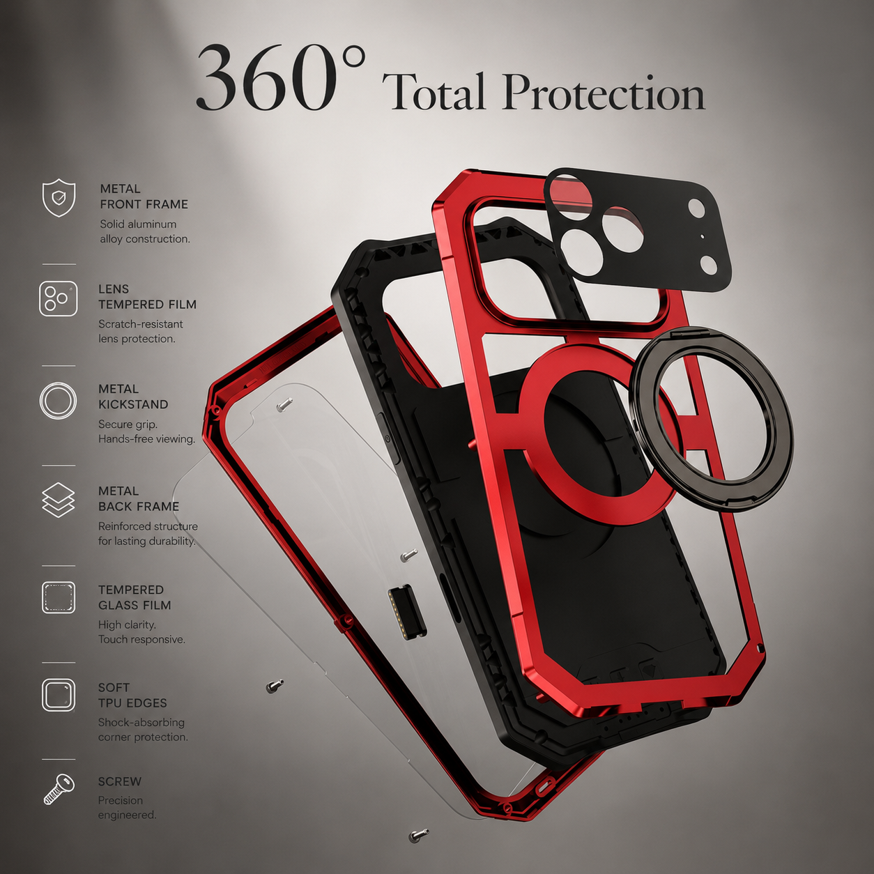 Premium iPhone Case MagSafe Compatible Magnetic Protective Cover Aluminum Armor Frame Built In Kickstand Shockproof Glass Screen Protector Full Coverage