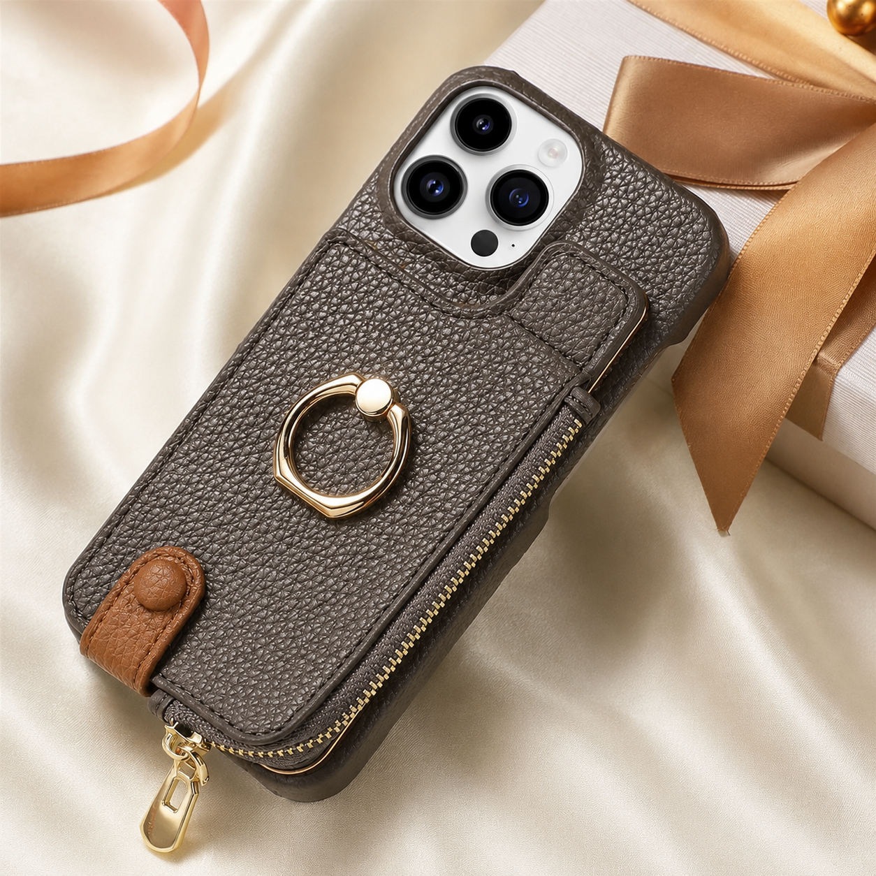Premium iPhone Case Leather Zipper Wallet Cover MagSafe Compatible Card Holder Ring Kickstand Magnetic Closure Shockproof Camera Protection Full Coverage