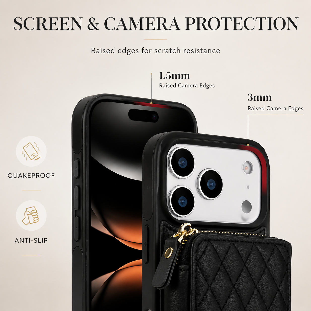 Premium iPhone Case Crossbody Wallet Folio Cover RFID Blocking Card Holder Zipper Kickstand Wrist Strap Shockproof Protective Full Coverage