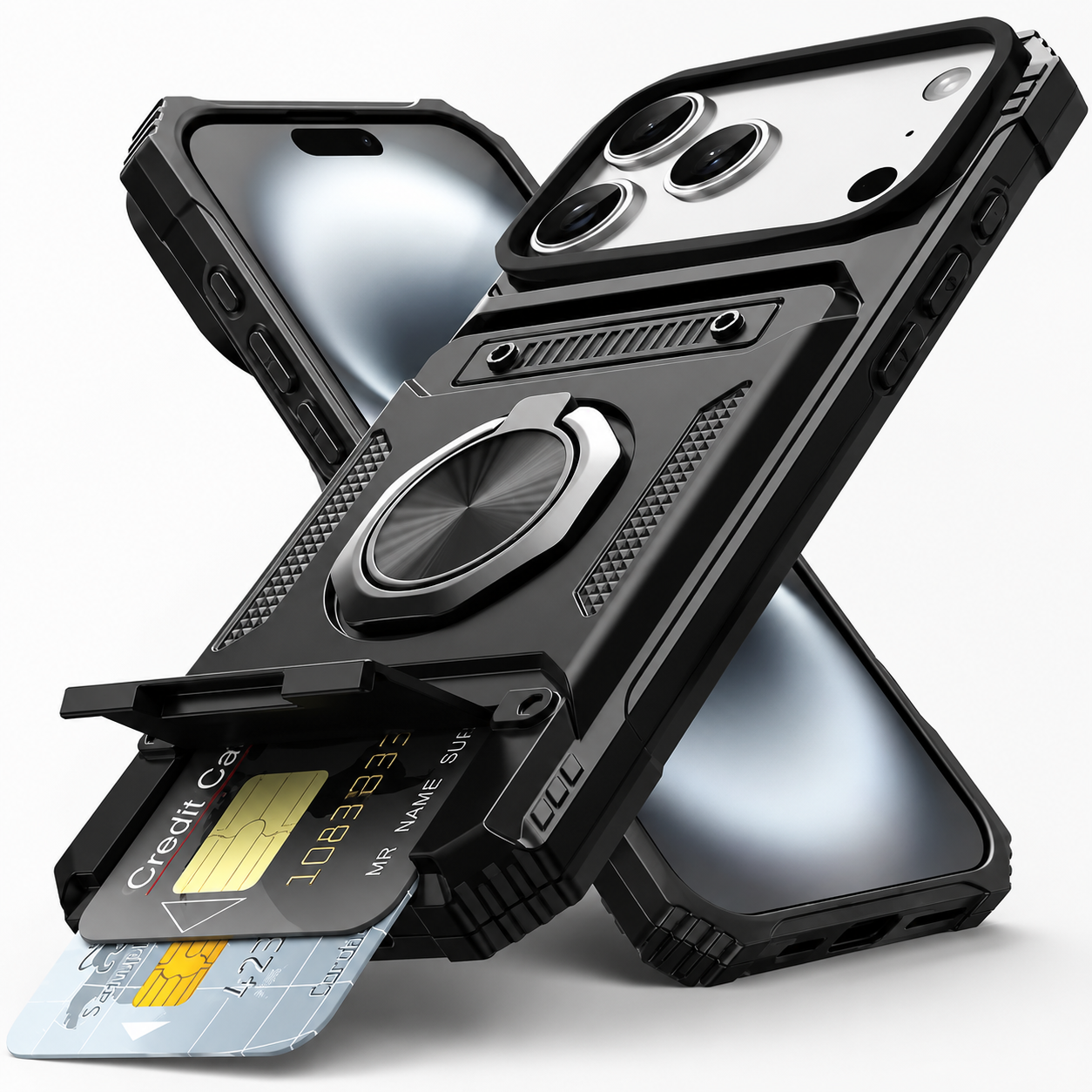 Premium iPhone Case Magnetic Rotating Ring Kickstand Wallet Cover Shockproof Card Holder Heavy Duty Protective Full Coverage Anti Scratch Design