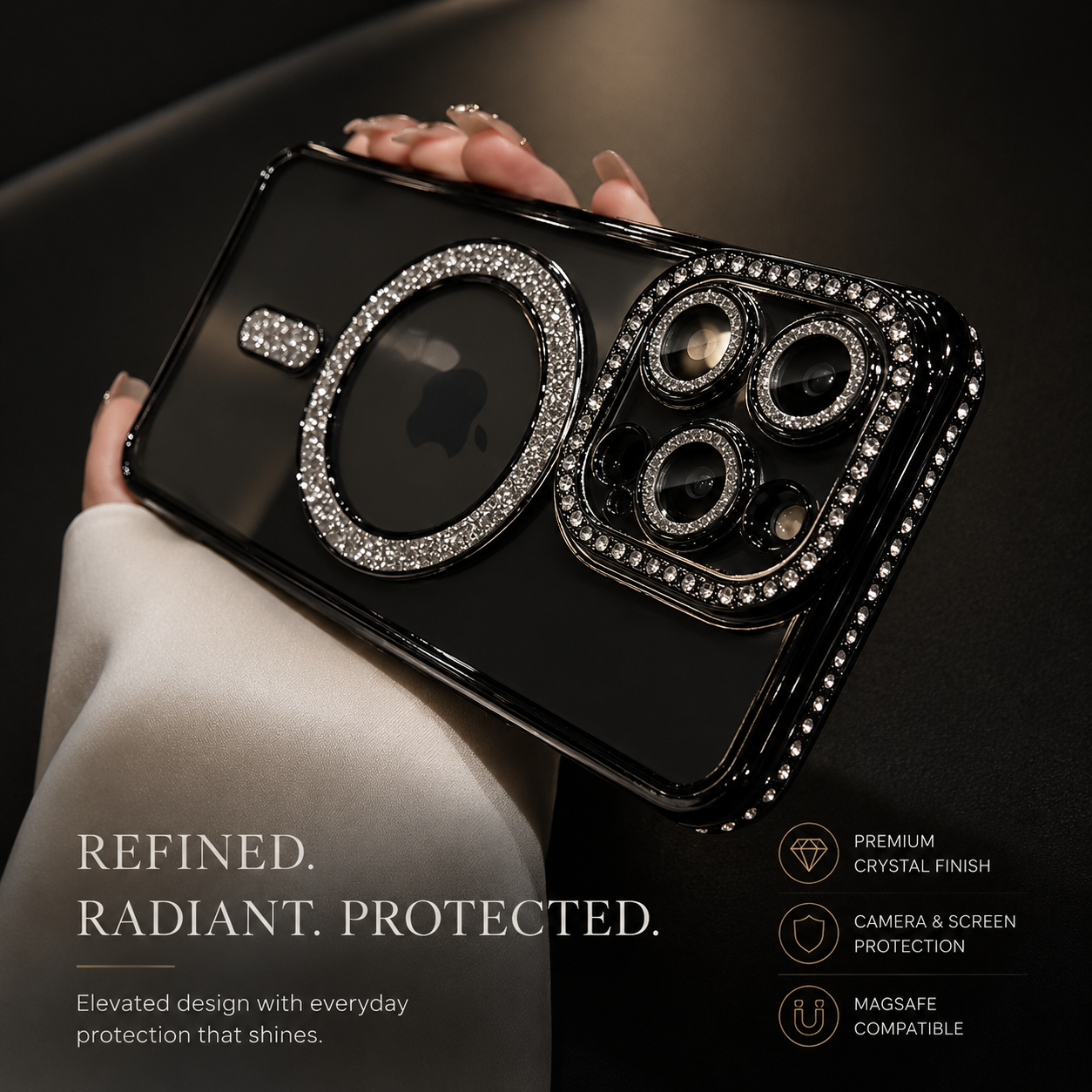 Premium iPhone Case MagSafe Compatible Transparent Glitter Diamond Design Shockproof Bumper Protective Cover Camera Lens Guard Ultra Thin Slim Design