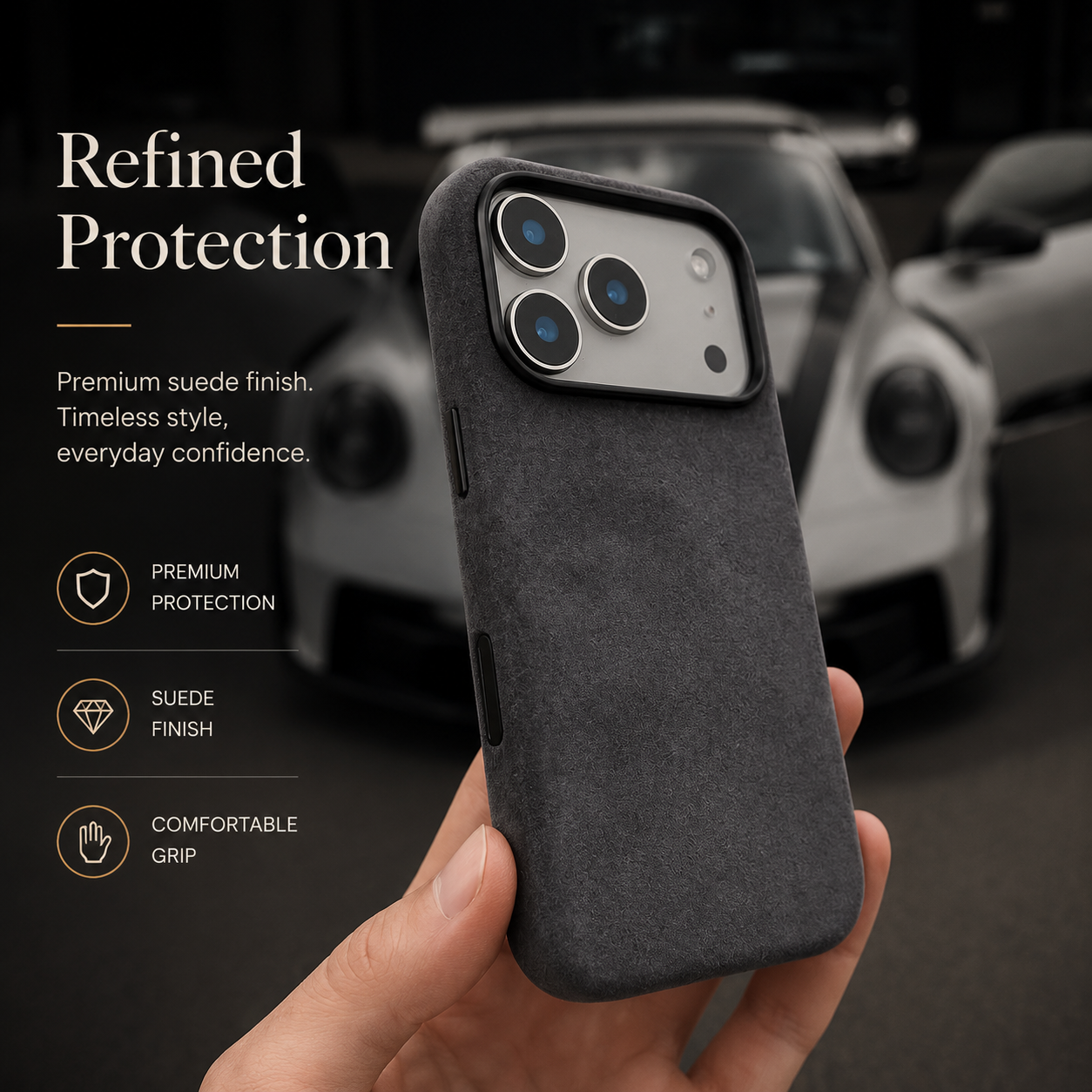 Premium iPhone Case Italian Alcantara Magnetic MagSafe Compatible Smart Button Leather Finish Protective Cover Slim Full Coverage Luxury Design