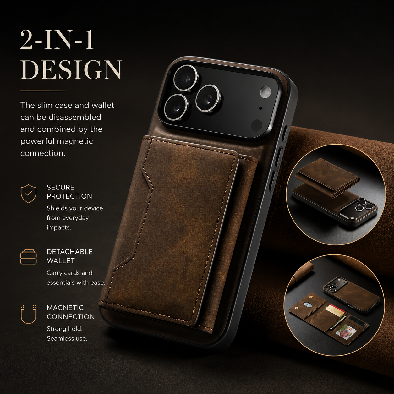 Premium iPhone Case Magnetic Leather Wallet Cover Card Holder Kickstand Money Slot Shockproof Protective Cover Anti Scratch Slim Half Wrapped