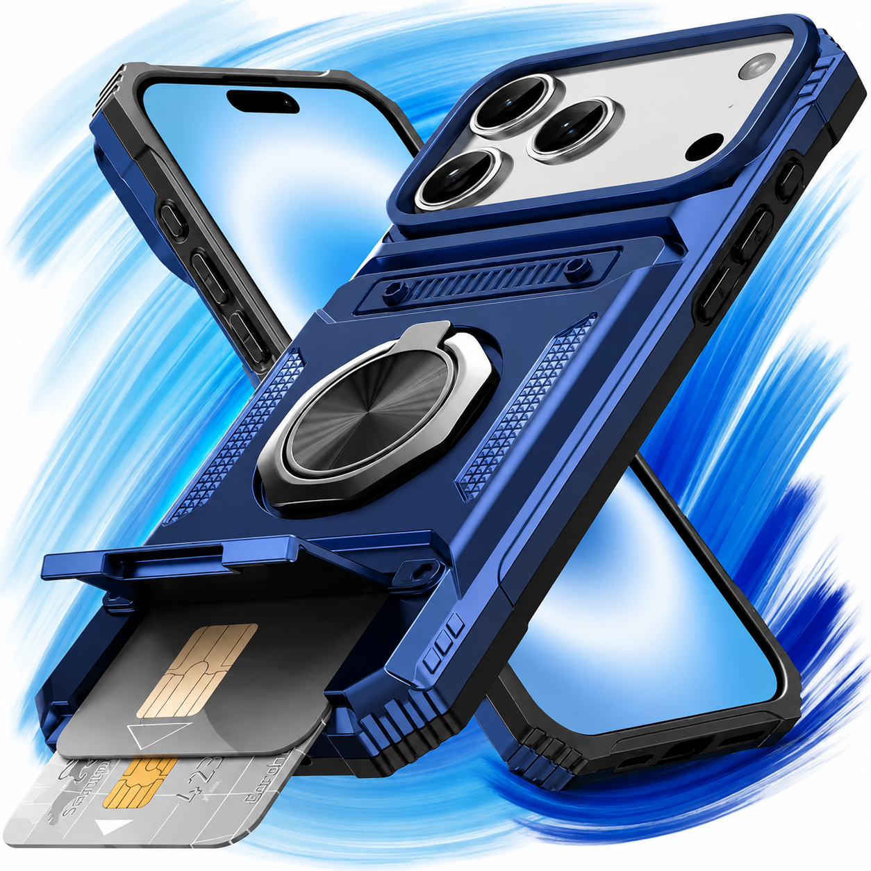 Premium iPhone Case Magnetic Rotating Ring Kickstand Wallet Cover Shockproof Card Holder Heavy Duty Protective Full Coverage Anti Scratch Design
