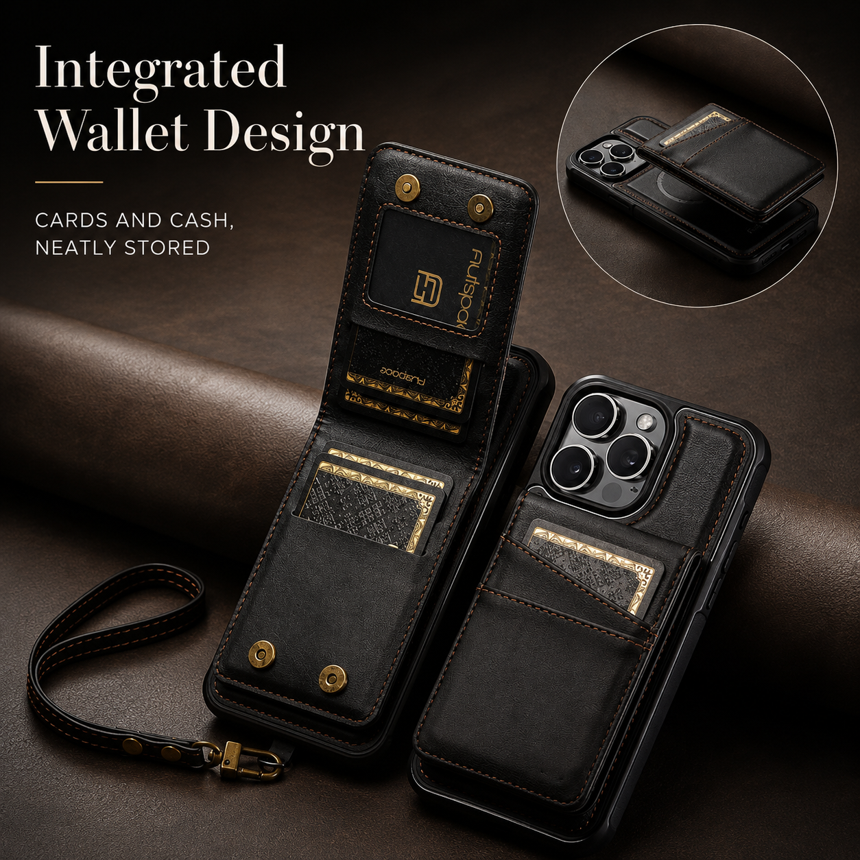 Premium iPhone Case Magnetic Detachable Wallet Flip Cover PU Leather Card Holder Cash Pocket Wrist Strap Shockproof Full Coverage Protective Design