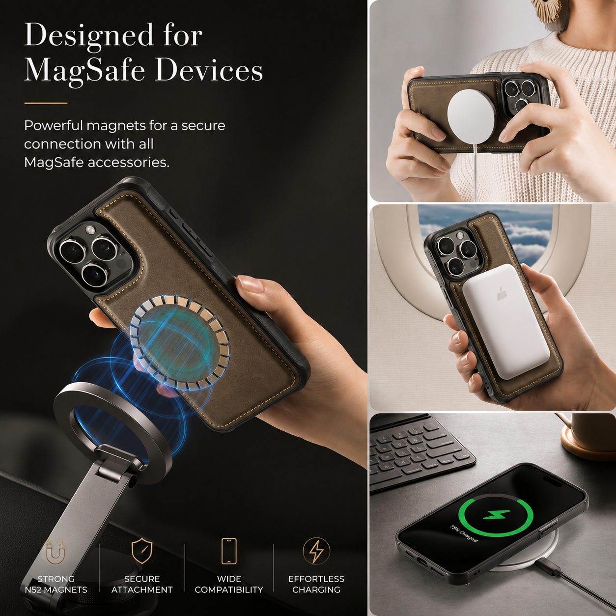 Premium iPhone Case Magnetic Detachable Wallet Flip Cover PU Leather Card Holder Cash Pocket Wrist Strap Shockproof Full Coverage Protective Design