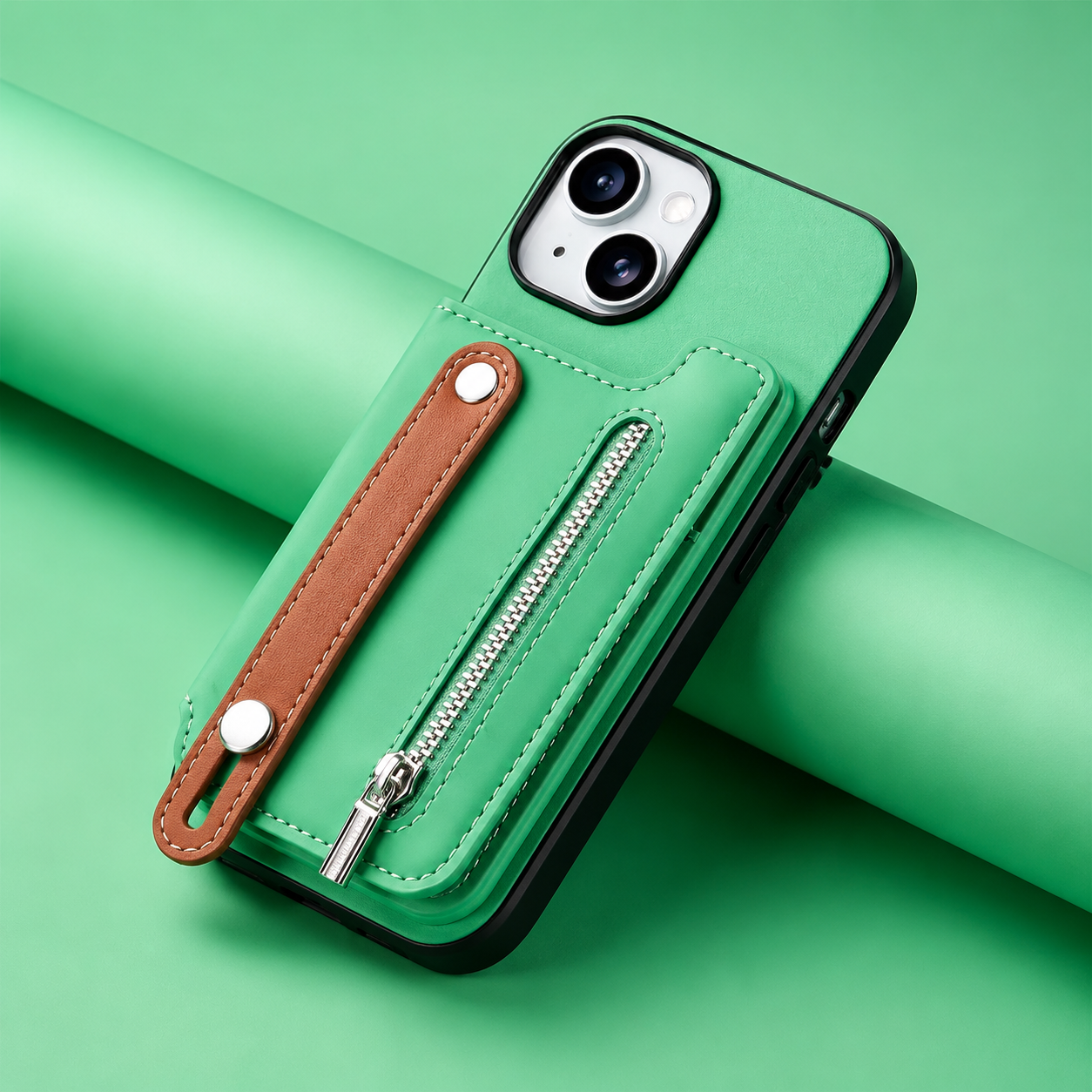 Premium iPhone Wallet Case Detachable Zipper Flip Cover PU Leather Card Holder Magnetic Closure Wrist Strap Shockproof Full Coverage Protective Design